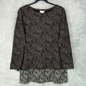 J Jill Speckle Print Long Sleeve Tunic Top womens sz L Petite Burgundy Brown